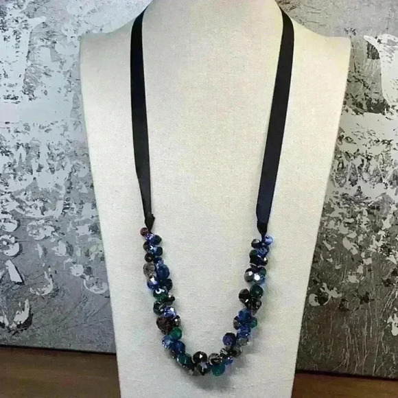 Loft Ribbon Necklace with Glass Faceted Beads Blue Grey Green Smoky - Picture 1 of 3